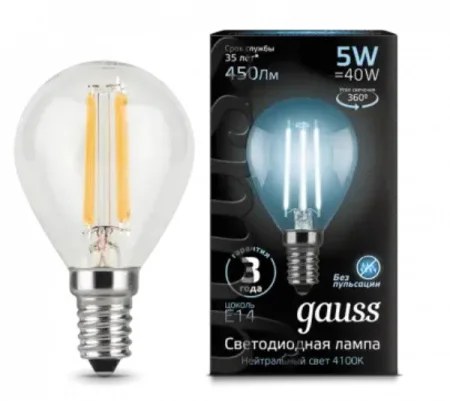 Лампа Е14  Filament  шар 5Вт 450Лм 4100К 105801205 (Gauss)  1 10 50