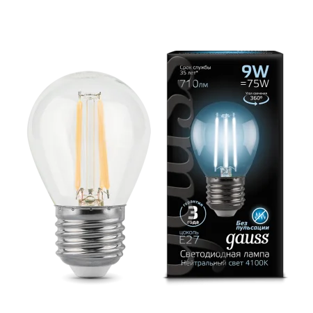 Лампа Е27  Filament  шар 9Вт 710Лм 4100К 105802209 (Gauss)  1 10 50