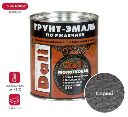 Грунт эмаль по ржавчине DALI серый, молотковая 2л  1 3