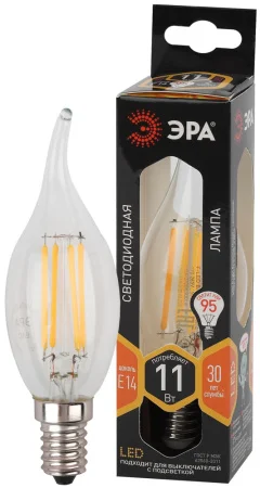 Лампа Е14  Filament  свеча на ветру 11Вт 930Лм 2700К F-LED BXS-11w-827-E14 Б0047001 (Эра)  1 10