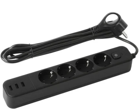 Удлинитель с сетевым фильтром 4х3м с зазем 10A USF-4es-3m-3xUSBA-B с базовой защитой с выкл 4 розетк