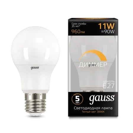 Лампа Gauss A60 11W 960lm 3000К E27 диммируемая LED *1/10/50