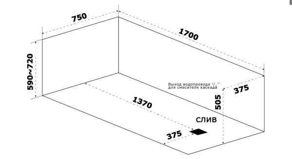 Ванна акриловая 1700х700х420мм BAS Аякс Вб00130 с каркасом, белый