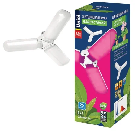 Лампа светодиодная д растений 3-х лепестковая 24Вт 230V E27 матовая красно-синий спектр LED-P65-24W