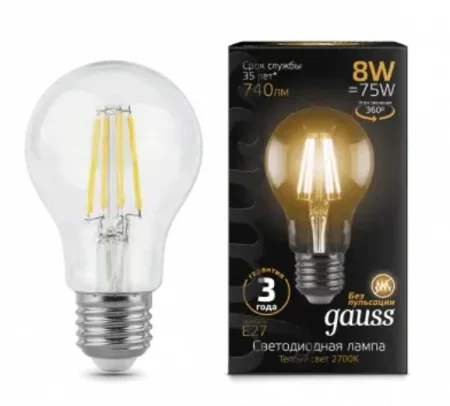 Лампа Е27  Filament  8Вт 740Лм 2700К 102802108 (Gauss)  1 10 40