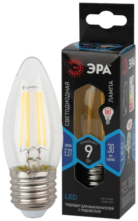 Светодиодная лампа Filament "Свеча" Е27 9Вт 4000К B35-9w-840-E27 Б0046997 Эра