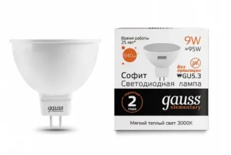 Лампа GU5.3  Elementary  MR16 9Вт 640Лм 3000K 13519 (Gauss)  1 10 100