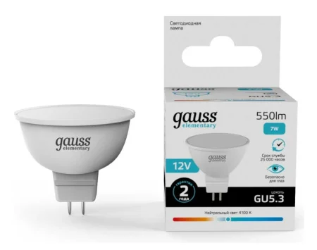 Лампа GU5.3  Elementary  MR16 12V 7W 550lm 4100K LED (Gauss) 1 10 100
