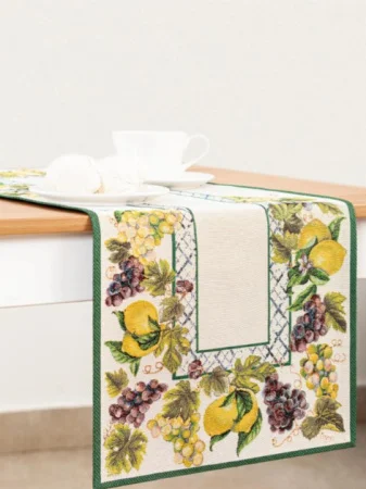 Дорожка на стол Жюра Виноград и лимоны зеленый бордюр 35х100см 08782