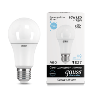 Лампа Gauss Elementary A60 10W 950lm 6500K Е27 LED *1/10/50
