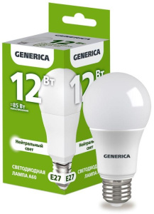 Лампа светодиодная A60 12Вт грушевидная 4000К E27 230В LL-A60-12-230-40-E27-G (Generica) *1