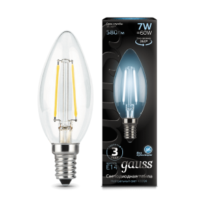 Лампа Gauss Filament Свеча 7W 580lm 4100К Е14 LED *1/10/50