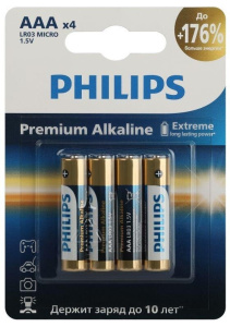 Элемент питания алкалиновый AAA/LR03-4BL (блистер 4шт) Premium Б0062755 Philips