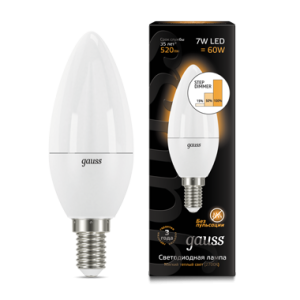 Лампа Gauss Свеча 7W 520lm 3000К E14 шаг. диммирование LED *1/10/100