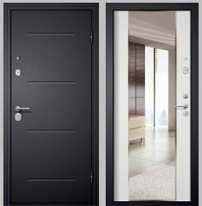 Дверь металлическая M_4 (2К_черный шелк/ зеркало фацет МДФ12, ПВХ белый ясень) 960 левая