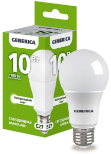Лампа светодиодная A60 10Вт грушевидная 4000К E27 230В LL-A60-10-230-40-E27-G (Generica) *1