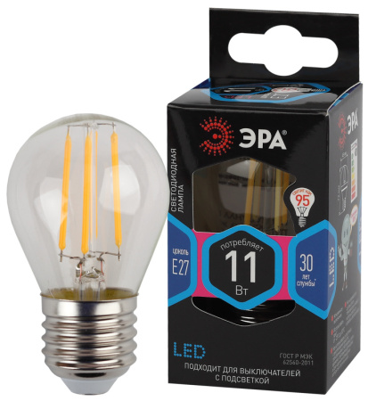 Лампа Е27 "Filament" шар 11Вт 970Лм 4000К F-LED P45-11w-840-E27 Б0047015 (Эра) *1/10
