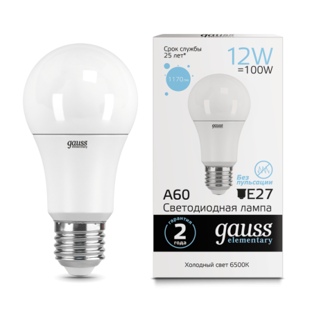 Лампа Gauss Elementary A60 12W 1170lm 6500K E27 LED *1/10/50